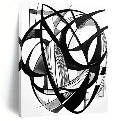 Black Intertwined Lines & Shapes - “Complex Ink Geometry” Painting On Canvas HB240