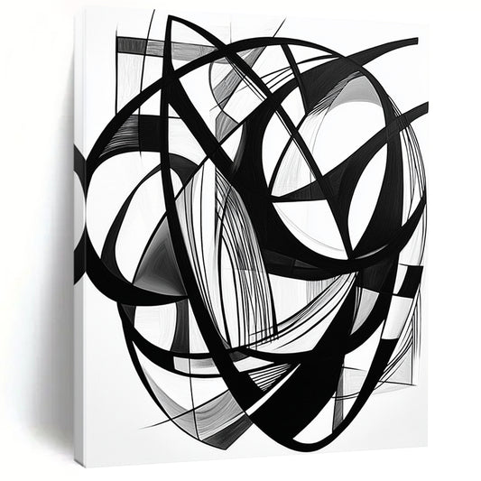 Black Intertwined Lines & Shapes - “Complex Ink Geometry” Painting On Canvas HB240
