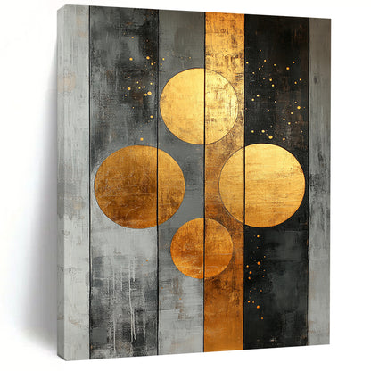 Contemporary abstract artwork features striking gold circles on a textured grey canvas adorned with dynamic stripes and dots for a bold statement. DLZ0740