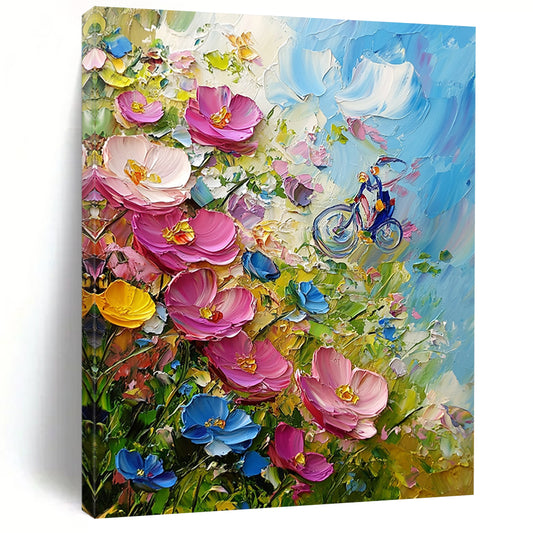 Contemporary hand-painted abstract art features vibrant pink and blue wildflowers, created using a palette knife in an expressive Impressionist style. DLZ1259