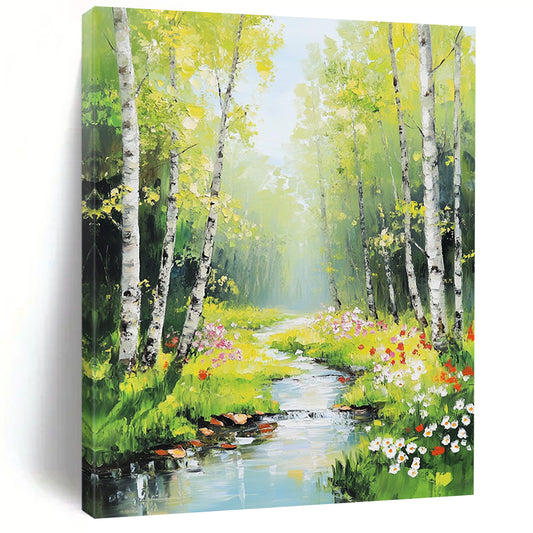 Vibrant contemporary hand-painted abstract artwork featuring birch trees and spring flowers illuminated by sunlight with a serene stream enhancing the natural beauty. DLZ1123