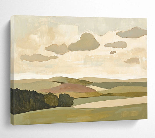 “Softly Painted Landscape” - Green, beige, pink, blue, Minimalist Landscape Painting HB0622