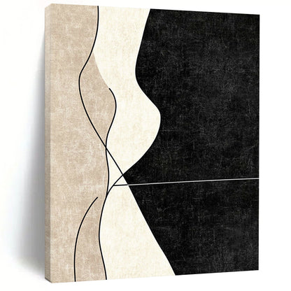 Modern contemporary abstract painting with clean lines showcasing elegant curved shapes in neutral tones against a deep black background. DLZ1375
