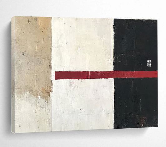 “Minimalist Color Divide” - Beige, White, Black, Red, Horizontal Stripe - Painting On Canvas HB1441