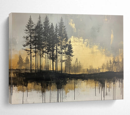 “Golden Forest Reflection” - Black, Gold, Gray, Silhouetted Trees and Reflective Water Painting On Canvas HB0948