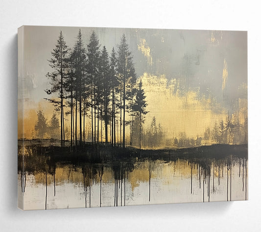 “Golden Forest Reflection” - Black, Gold, Gray, Silhouetted Trees and Reflective Water Painting On Canvas HB0948
