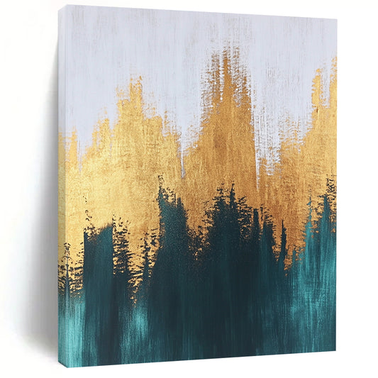 Contemporary abstract painting with textured brush strokes featuring gold and teal hues creating a serene and balanced composition on a large canvas. DLZ0388