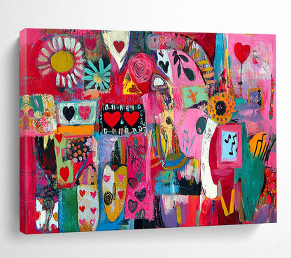 “Pink Collage Abstract” - Pink, Red, Colorful Shapes, Hearts, Flowers, Mixed Patterns - Painting On Canvas HB1444