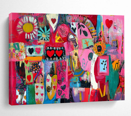 “Pink Collage Abstract” - Pink, Red, Colorful Shapes, Hearts, Flowers, Mixed Patterns - Painting On Canvas HB1444