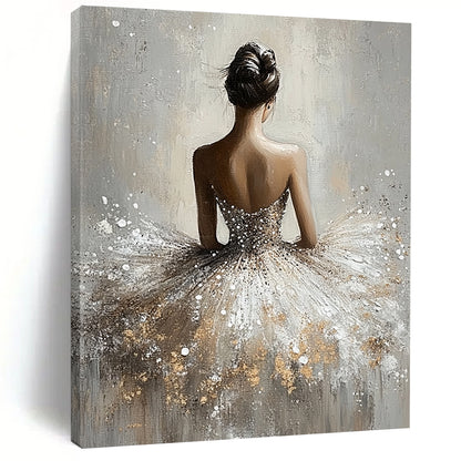 Contemporary abstract painting featuring a graceful ballerina in a shimmering dress with a soft grey background and ethereal romantic lighting. DLZ1663