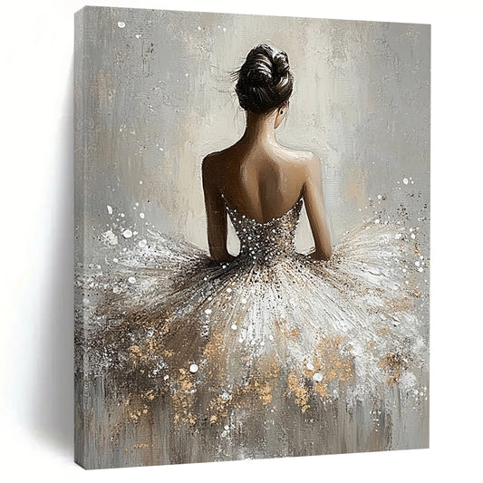 Contemporary abstract painting featuring a graceful ballerina in a shimmering dress with a soft grey background and ethereal romantic lighting. DLZ1663