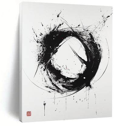 Black and White Dynamic Circle "Wild Enso" Painting On Canvas HB260
