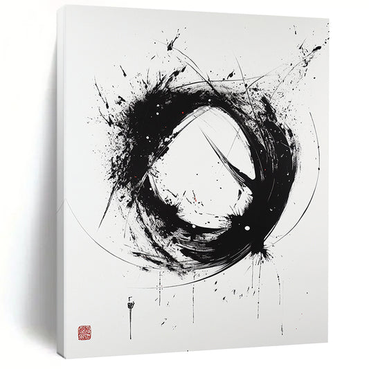 Black and White Dynamic Circle "Wild Enso" Painting On Canvas HB260