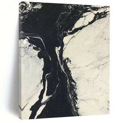 Contemporary abstract art features striking black and white marble ink merging with a cool river amidst snow-covered landscapes creating dynamic contrasts. DLZ1545