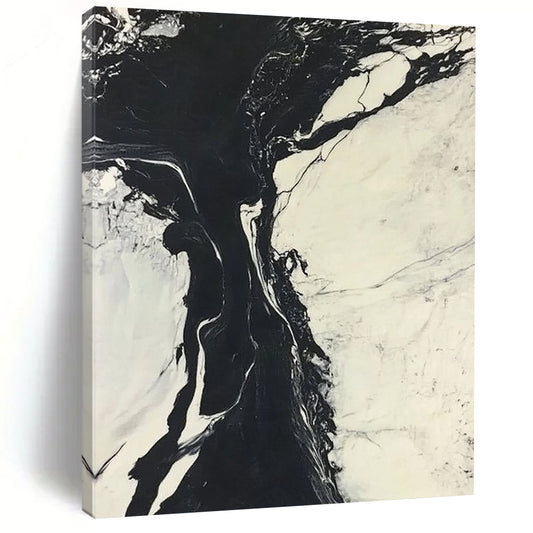 Contemporary abstract art features striking black and white marble ink merging with a cool river amidst snow-covered landscapes creating dynamic contrasts. DLZ1545