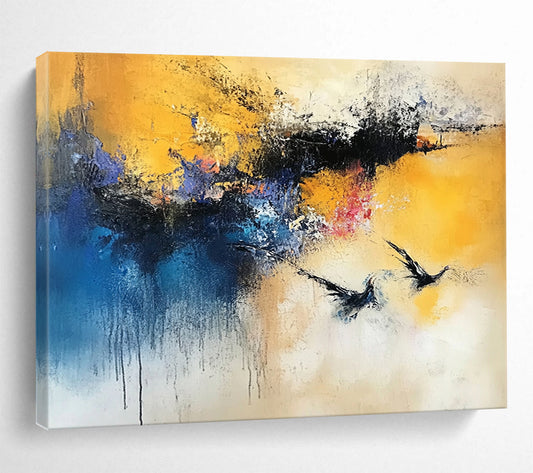 “Yellow Blue Purple Abstract Birds” - Yellow, blue, purple, red, white; Abstract with flying birds HB1293