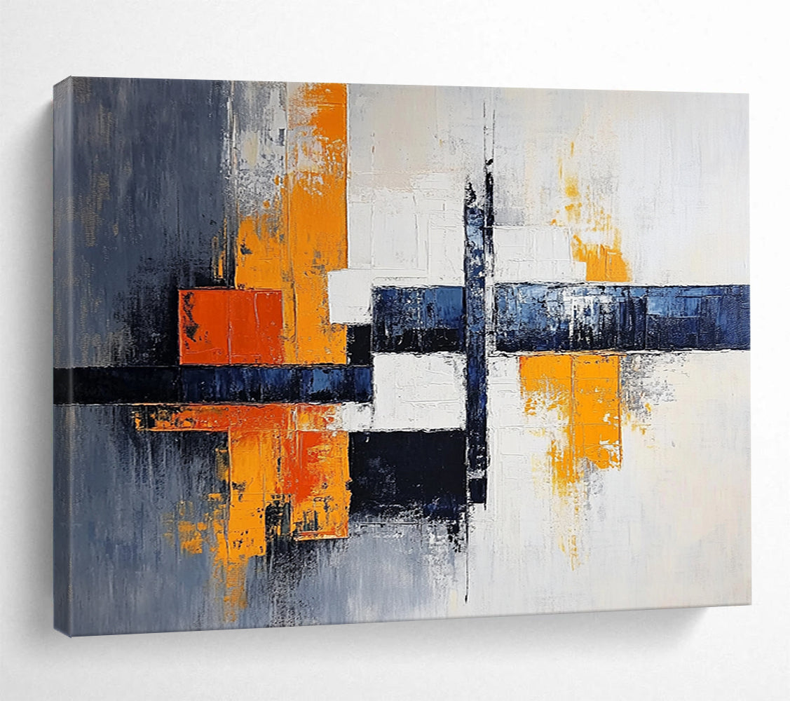 “Vibrant Crossroads” - Orange, Blue, Gray, Geometric Abstract Painting On Canvas HB1040