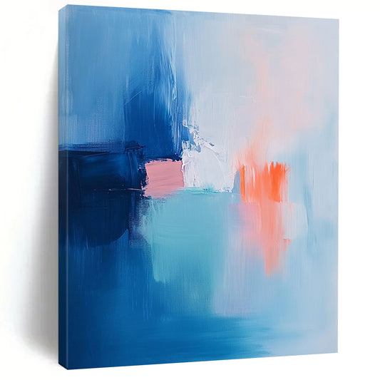 Contemporary hand-painted abstract art featuring soft brush strokes in light blue pink and white with navy blue and orange accents. DLZ1053
