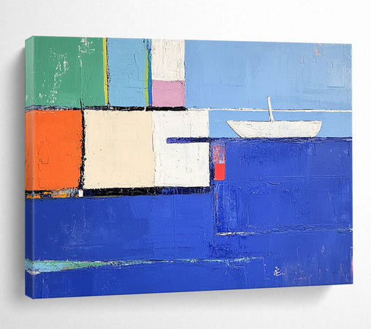“Colorful Coastal Cubes” - Blue, Green, Orange, Pink, Abstract Cubist Coastal Painting On Canvas HB1075