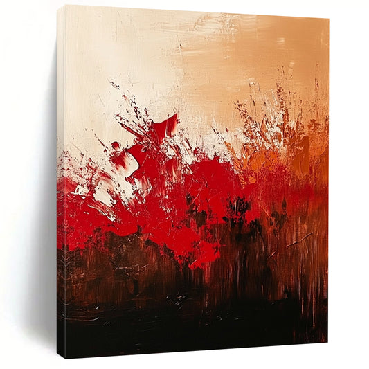 Contemporary hand-painted abstract artwork featuring red and brown hues against a textured beige background with elegant brushwork and depth. DLZ0991