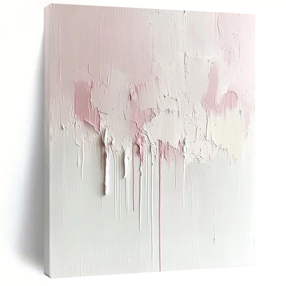 Contemporary abstract painting featuring soft pink and cream hues on a textured white canvas, minimalist design with dreamy aesthetic and large negative space. DLZ0690