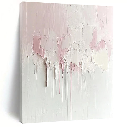Contemporary abstract painting featuring soft pink and cream hues on a textured white canvas, minimalist design with dreamy aesthetic and large negative space. DLZ0690