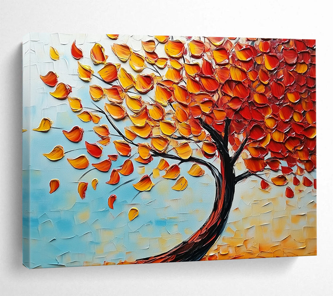 “Textured Autumn Tree” - Orange, Yellow, Red Leaves, Blue Sky, Palette Knife Landscape Painting On Canvas HB1100