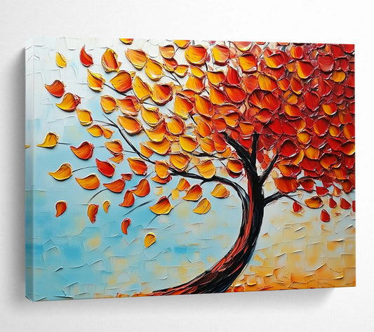“Textured Autumn Tree” - Orange, Yellow, Red Leaves, Blue Sky, Palette Knife Landscape Painting On Canvas HB1100