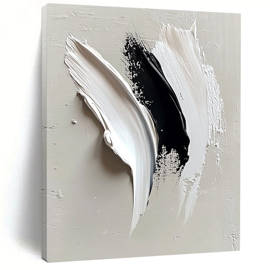 Contemporary abstract painting featuring minimalist white and black strokes on light gray, symbolizing an eagle's wing with a blend of elegance and strength. DLZ0664