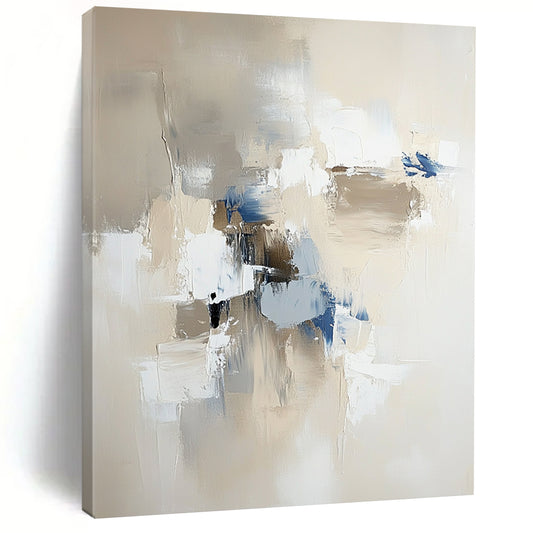 Contemporary abstract painting in neutral tones with blue and gray accents featuring bold brush strokes and soft edges for a modern aesthetic. DLZ0562