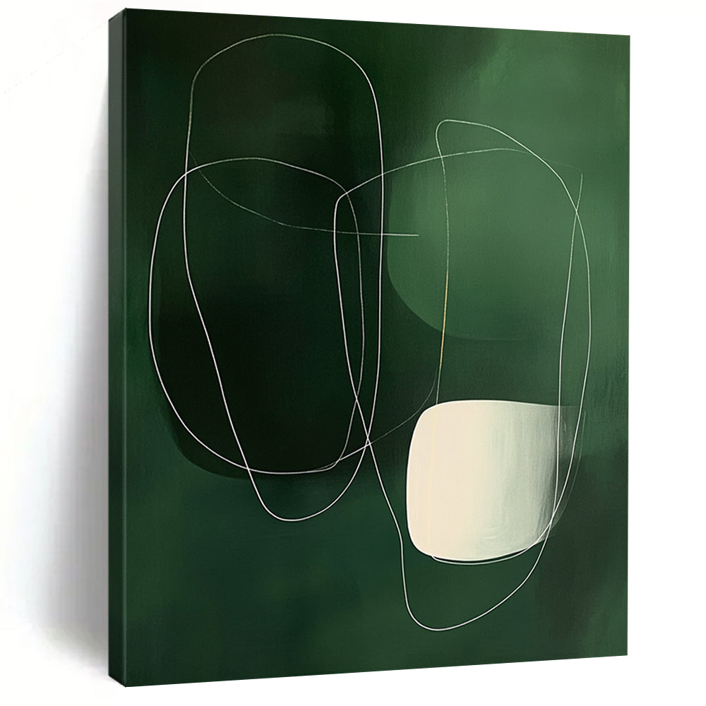 Large contemporary hand-painted abstract art featuring minimalist white lines and shapes on a dark green background with smooth organic curves. DLZ0754