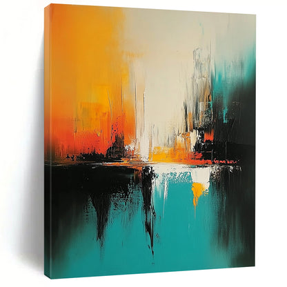 Impressionistic abstract painting featuring turquoise and black brush strokes with white space and vibrant orange and yellow hues creating a nature-inspired immersive experience. DLZ0541