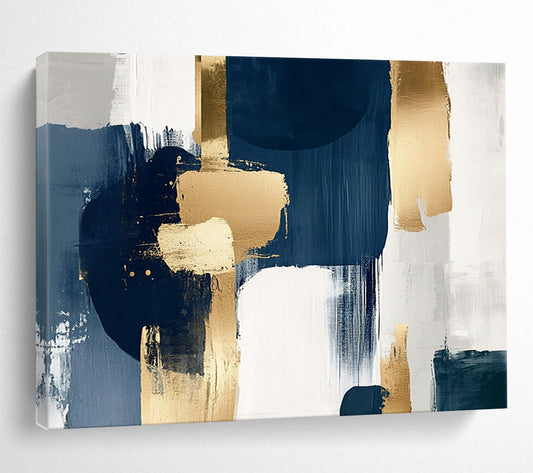 “Navy and Gold Geometric Abstract” - Navy, gray, white, gold; Geometric abstract with gold brushstrokes; Acrylic Painting On Canvas HB1261