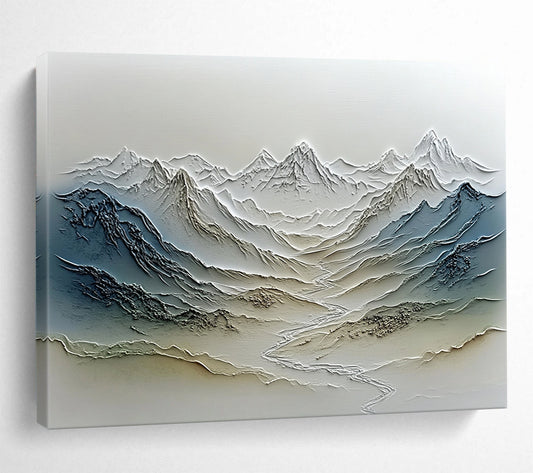 “Textured Mountain Range Relief” - Gray, Blue, Beige, Textured Landscape Painting On Canvas HB0774
