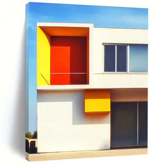 Contemporary abstract art featuring a minimalist white structure with vivid orange and yellow accents set against a clear blue sky background. DLZ1640