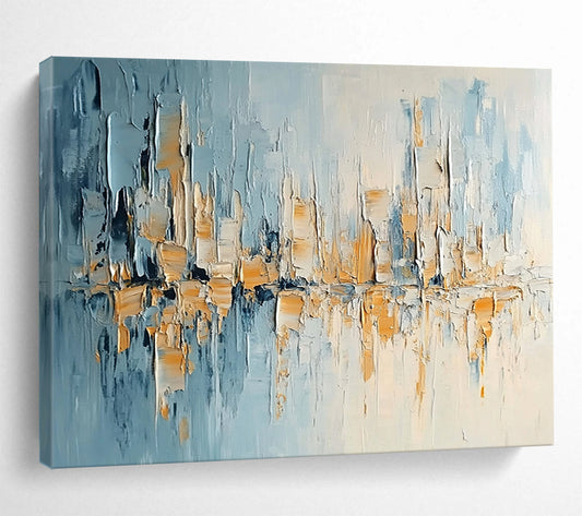 “Textured City Skyline” - Blue, Beige, White, Textured City Skyline Painting On Canvas HB0988