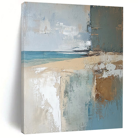 Contemporary abstract painting featuring a textured English beach scene in muted earthy tones, showcasing light blue, brown, neutral green, and grey. DLZ0454