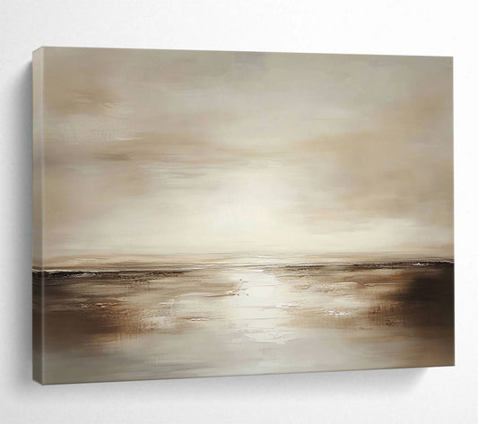 “Earthy Horizon” - Warm Browns, Soft Beiges, Vast Sky and Calm Sea Painting On Canvas HB0917