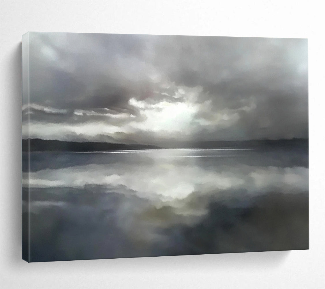 “Moody Lake Reflection” - Gray clouds reflected in a lake, Impressionist Landscape Painting On Canvas HB0551