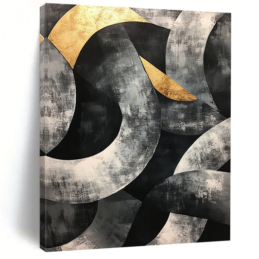 Gray, Black, Gold and Silver Geometric Abstraction "Complex Circles" Painting On Canvas HB400