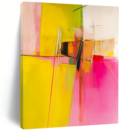 Contemporary abstract painting featuring pink and yellow hues, geometric shapes, and white space, evoking emotions through bold brushstrokes and soft curves. DLZ0719