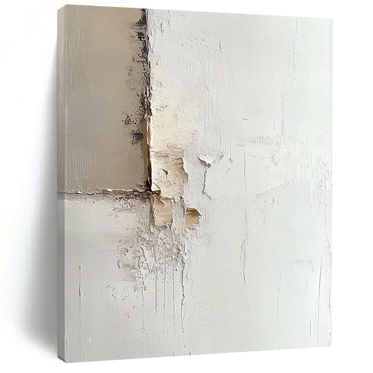 Contemporary abstract artwork features a minimalist white canvas with soft tones and a large contrasting rectangular color patch on the left. DLZ1755
