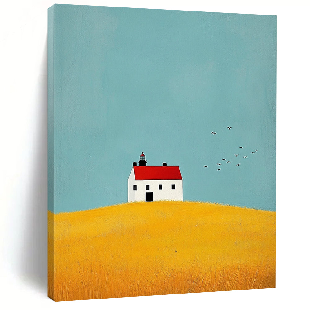 Contemporary abstract art showcasing a lighthouse, yellow fields, birds, and a white house with a red roof, conveying calmness and serenity. DLZ1298