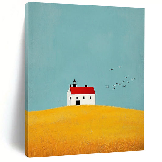 Contemporary abstract art showcasing a lighthouse, yellow fields, birds, and a white house with a red roof, conveying calmness and serenity. DLZ1298