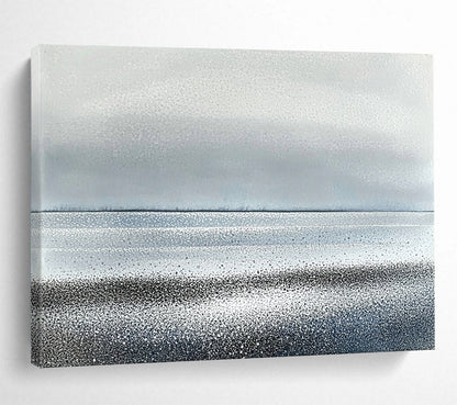 “Silver - Gray Dotted Horizon” - Silver, Gray, Dotted Coastal Lines Painting On Canvas HB0788