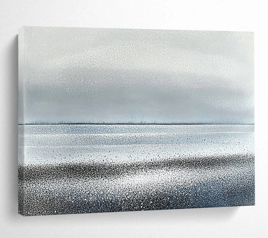 “Silver - Gray Dotted Horizon” - Silver, Gray, Dotted Coastal Lines Painting On Canvas HB0788