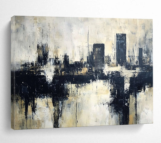 “Monochrome Cityscape Reflection” - Black, White, Beige, Abstract City Reflection Painting On Canvas HB1007