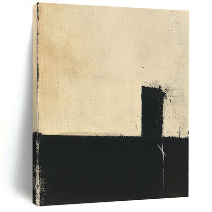 Contemporary hand-painted abstract art featuring a minimalistic black and beige palette with simple shapes and visible brush strokes on inked paper. DLZ0940