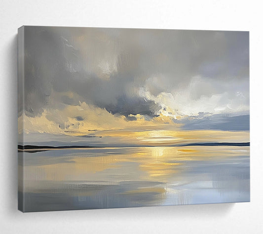 “Sunset Over Calm Waters” - Gray, Gold, Blue, Abstract Landscape Painting On Canvas HB0676