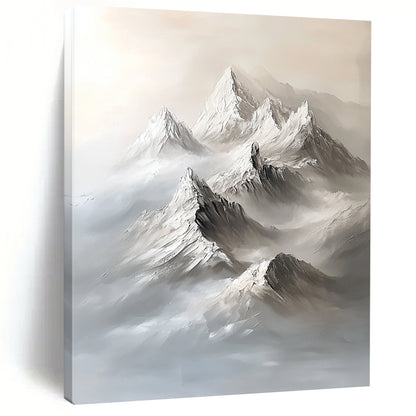 Abstract contemporary artwork featuring a large snow-capped mountain range in a minimalist gray palette with bold brushstrokes and ethereal fog. DLZ1289
